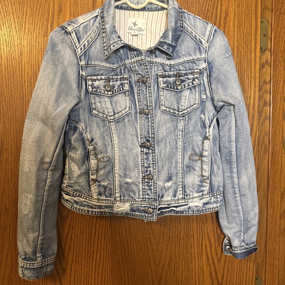 Others Follow Jackets & Blazers - Others Follow Women's M Light Wash Distressed Denim Jean Jacket Button Front